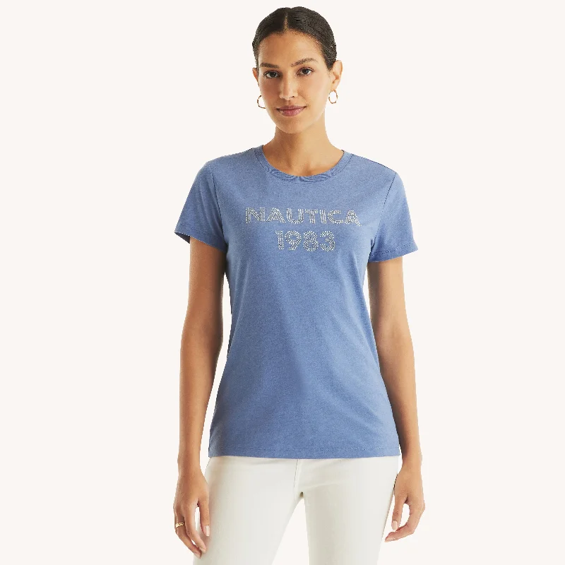 Nautica Womens Rhinestone 1983 Graphic T-Shirt-- V-Neck T-Shirt Long Sleeve Cotton