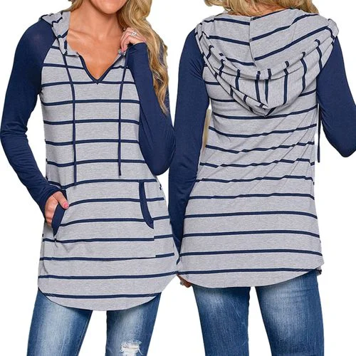 Striped Hooded Spring Loose V-neck Mid-length Top Women T Shirts-- Iron Safe Non-Iron Wrinkle Free Striped Hooded Spring Loose V-neck Mid-length Top Women T Shirts-- Iron Safe Non-Iron Wrinkle Free