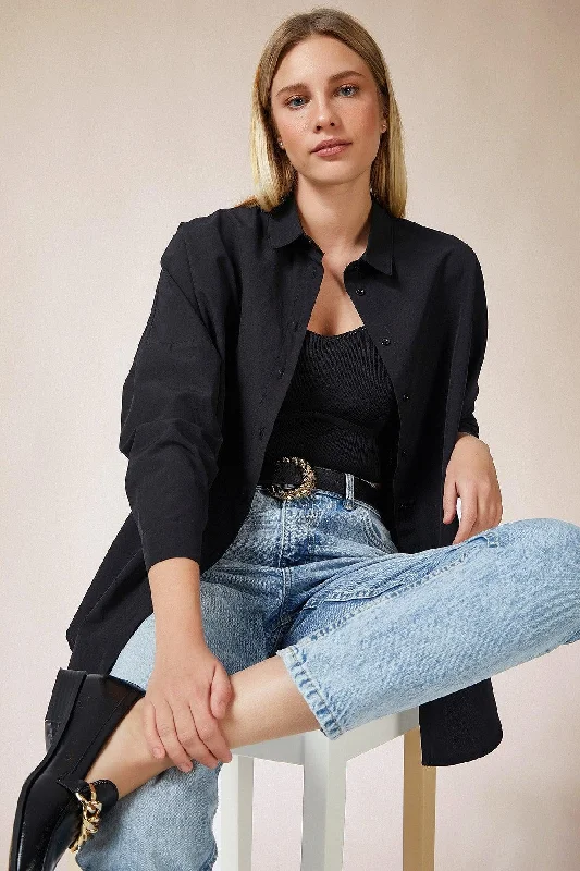 Women's Black Oversize Long Basic Shirt DD00842-- Knit Fabric Woven Fabric Fleece Fabric Women's Black Oversize Long Basic Shirt DD00842-- Knit Fabric Woven Fabric Fleece Fabric