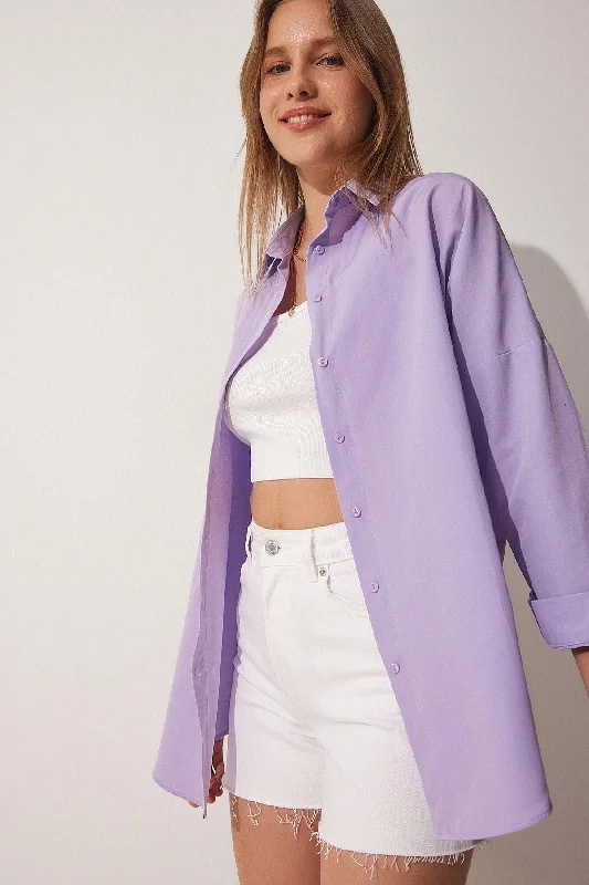 Women's Light Lilac Oversize Long Basic Shirt DD00842-- Fashionable Trendy Casual