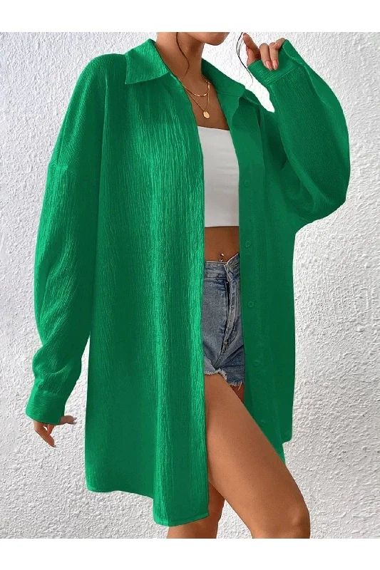 Women's Green Oversize Long Shirt-- Rayon Fabric Velvet Fabric Corduroy Fabric