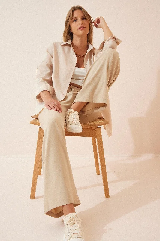 Women's Cream Oversize Long Basic Shirt DD00842-- Print Jacquard Patchwork