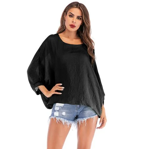 Spring and Fall Round Neck Loose Solid Color Bat Sleeve Top Women T Shirts-- Denim Fabric Leather Fabric Suede Fabric Spring and Fall Round Neck Loose Solid Color Bat Sleeve Top Women T Shirts-- Denim Fabric Leather Fabric Suede Fabric