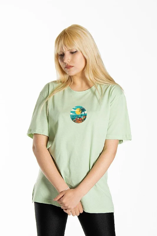 Women's Green Front Scooter Printed Crew Neck Oversize Cotton T-shirt-- Terry Blend Velvet Blend Canvas Blend