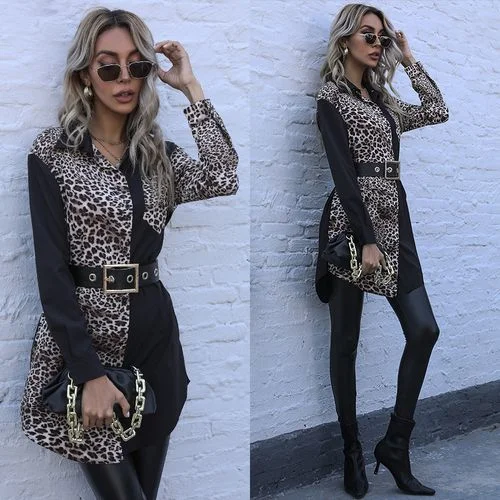 Women Leopard Print Stitching Mid-length Shirt Long Sleeve Blouse-- Chenille Blend Fleece Blend Nylon Blend