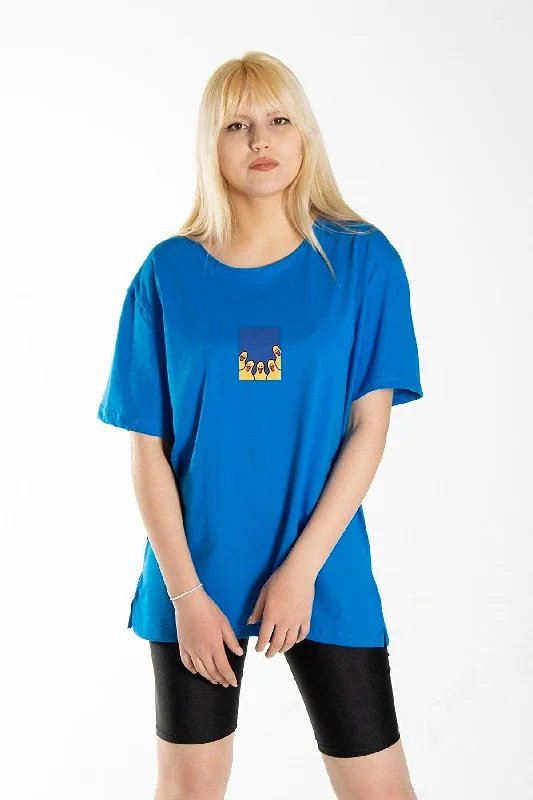 Women's Blue Front Duck Printed Crew Neck Oversize Cotton T-shirt-- Striped Floral Plaid Women's Blue Front Duck Printed Crew Neck Oversize Cotton T-shirt-- Striped Floral Plaid