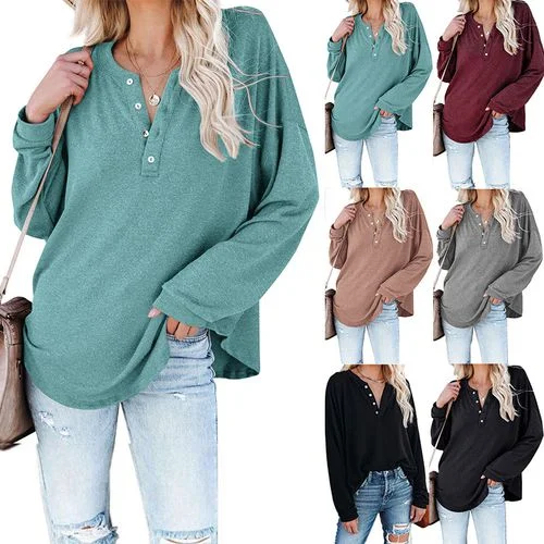 Women Solid Color Half-open Buckle V-neck Long Sleeved T-shirt-- Chenille Fabric Brocade Fabric Lace Fabric