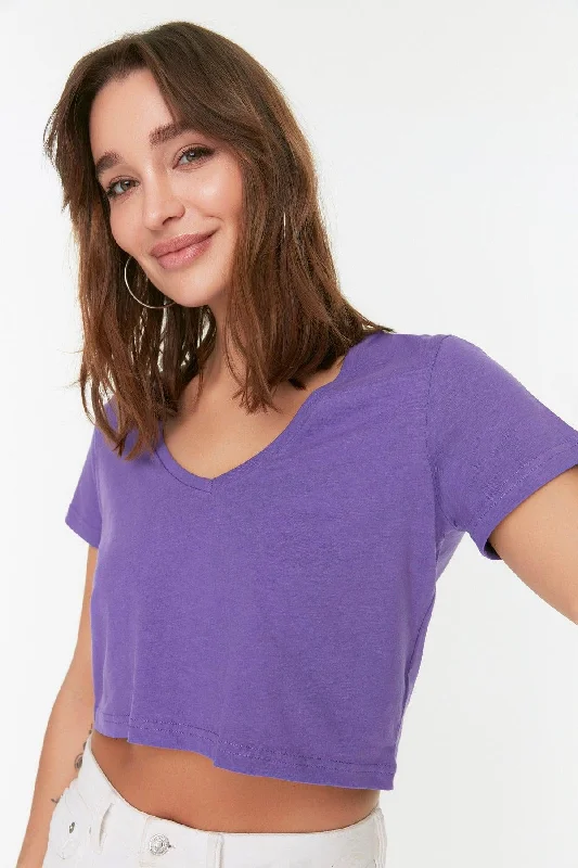 Purple 100% Cotton Crop V-Neck Knitted T-Shirt TWOSS22TS0551-- Layered Multi-layer Single Layer Purple 100% Cotton Crop V-Neck Knitted T-Shirt TWOSS22TS0551-- Layered Multi-layer Single Layer