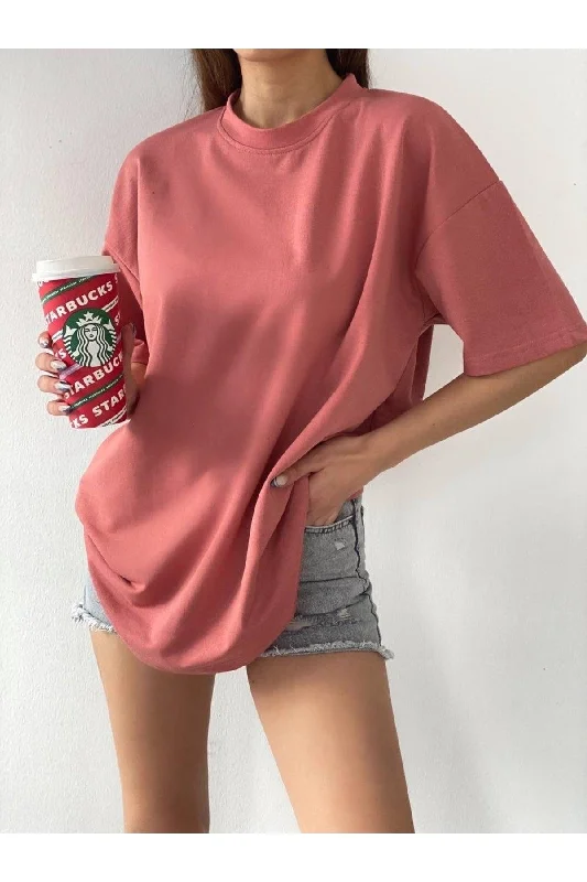 Unisex Cotton Salmon Crew Neck Oversize Boyfriend T-shirt-- Denim Fabric Leather Fabric Suede Fabric Unisex Cotton Salmon Crew Neck Oversize Boyfriend T-shirt-- Denim Fabric Leather Fabric Suede Fabric