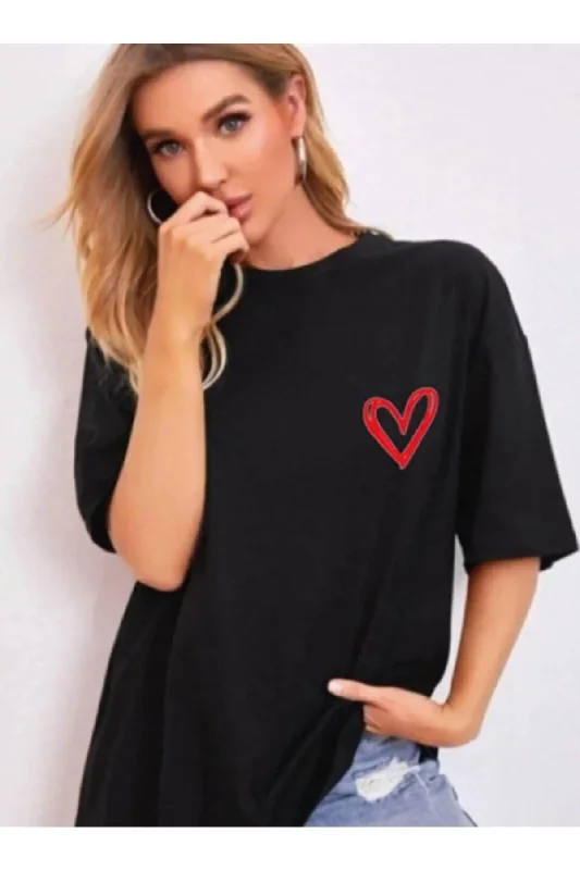 Minimal Heart Printed Black Oversize Tshirt-- Chenille Blend Fleece Blend Nylon Blend Minimal Heart Printed Black Oversize Tshirt-- Chenille Blend Fleece Blend Nylon Blend
