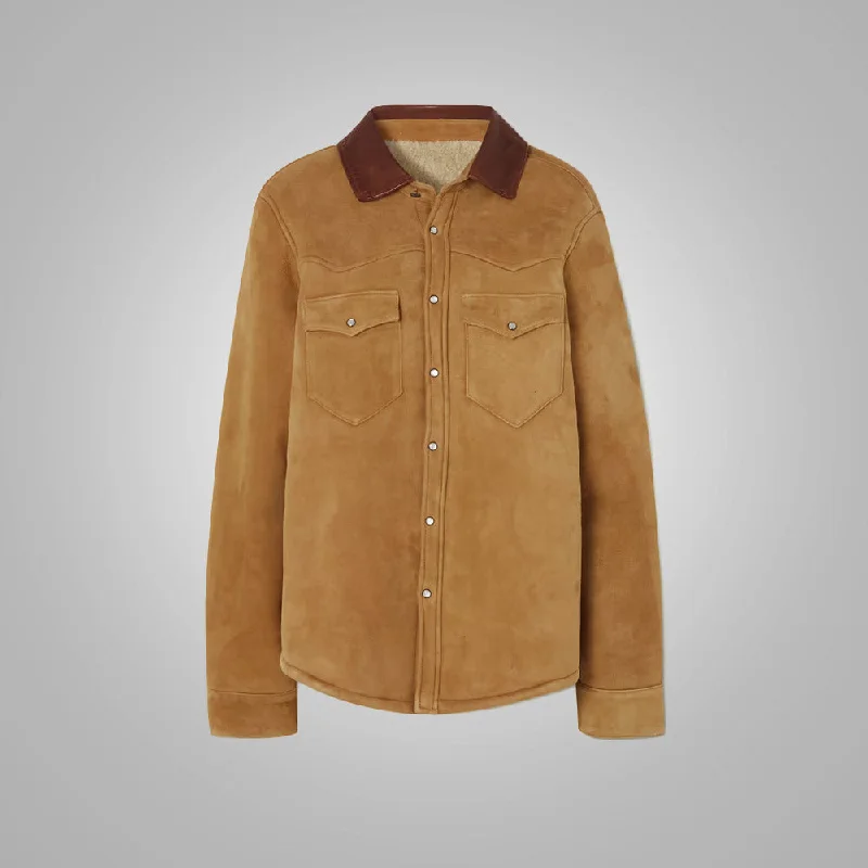 Women's Camel Suede Shearling With Classic Flap Pockets Leather Shirt-- Anti-Pilling Machine Wash Handmade Women's Camel Suede Shearling With Classic Flap Pockets Leather Shirt-- Anti-Pilling Machine Wash Handmade