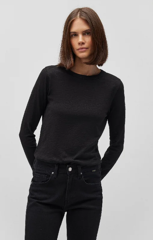LONG SLEEVE CREW NECK T-SHIRT IN BLACK-- Striped Floral Plaid