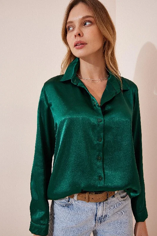 Women's Emerald Green Lightly Flowy Satin Finish Shirt DD00990-- Anti-Shrink Durable Soft Women's Emerald Green Lightly Flowy Satin Finish Shirt DD00990-- Anti-Shrink Durable Soft