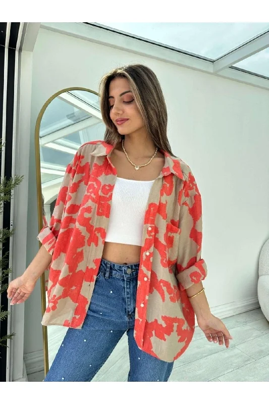 Red Patterned Off Shoulder Oversize Shirt-- Cashmere Blend Cotton Blend Poly Blend