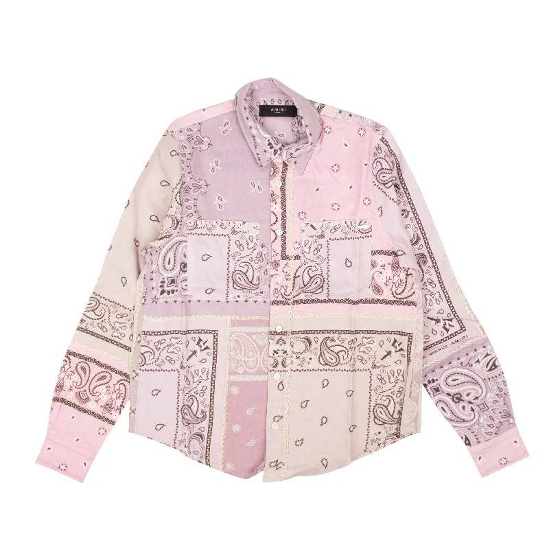 Lavender Cotton Bandana Reconstructed Flannel Shirt-- Beaded Sequined Faux Fur