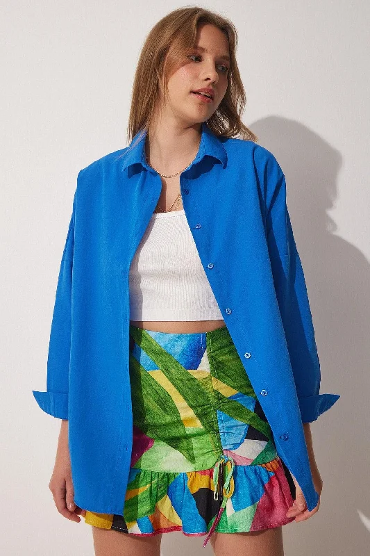 Women's Vivid Blue Oversize Long Basic Shirt DD00842-- Zippered Buttoned Snapped