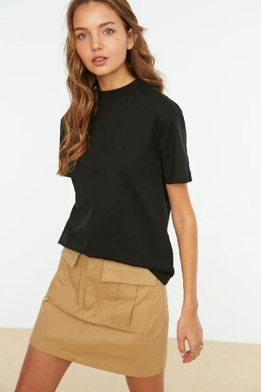 Black 100% Cotton Basic Stand Collar Knitted T-shirt TWOAW20TS0096-- Denim Fabric Leather Fabric Suede Fabric Black 100% Cotton Basic Stand Collar Knitted T-shirt TWOAW20TS0096-- Denim Fabric Leather Fabric Suede Fabric