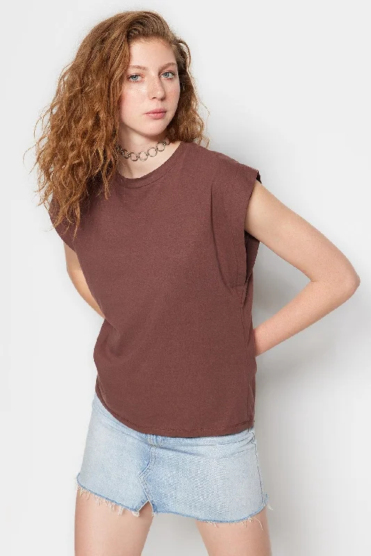 Brown 100% Cotton Wadding Look Basic Crew Neck Knitted T-Shirt TWOSS20TS0021-- Mesh Blend Leather Blend Suede Blend Brown 100% Cotton Wadding Look Basic Crew Neck Knitted T-Shirt TWOSS20TS0021-- Mesh Blend Leather Blend Suede Blend