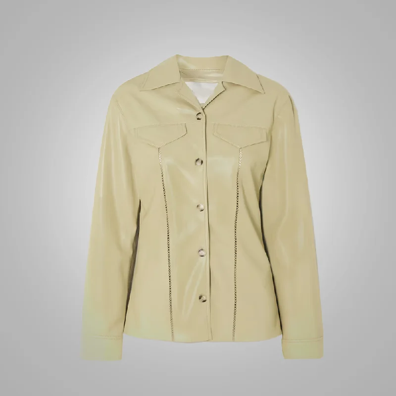 Women's Khaki Smooth Simple Button Closure Leather Shirt-- Modern Contemporary Chic