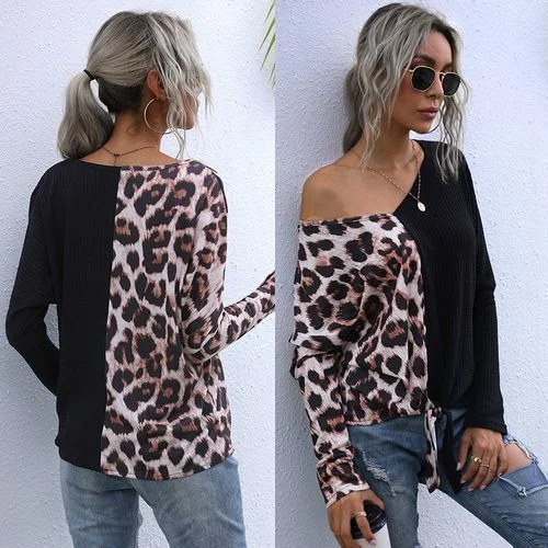 Women Leopard Print Stitching Color Contrast Top Long Sleeved T Shirt-- Satin Blend Silk Blend Wool Blend