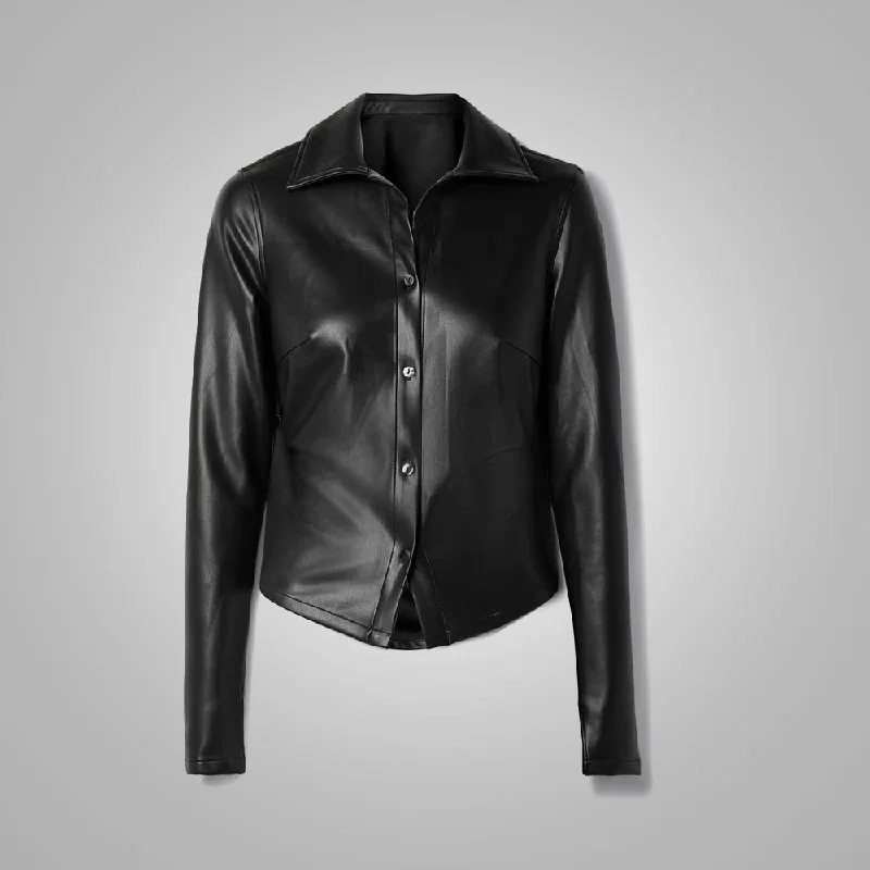 Women's Black Slim Fit Smooth Sleeves Leather Shirt-- Notch Collar Peter Pan Collar Cowl Neck Women's Black Slim Fit Smooth Sleeves Leather Shirt-- Notch Collar Peter Pan Collar Cowl Neck