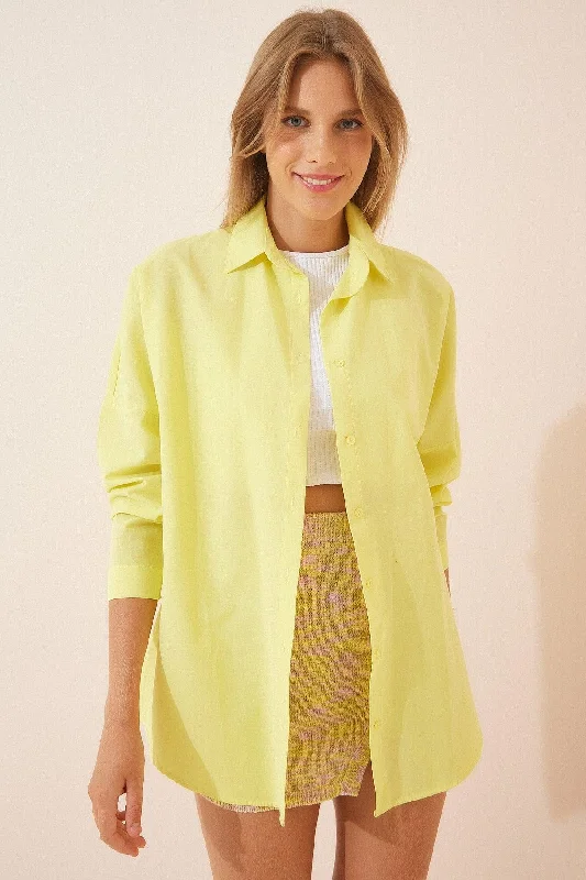 Women's Light Yellow Oversize Long Basic Shirt DD00842-- Graphic Embroidered Appliqued Women's Light Yellow Oversize Long Basic Shirt DD00842-- Graphic Embroidered Appliqued