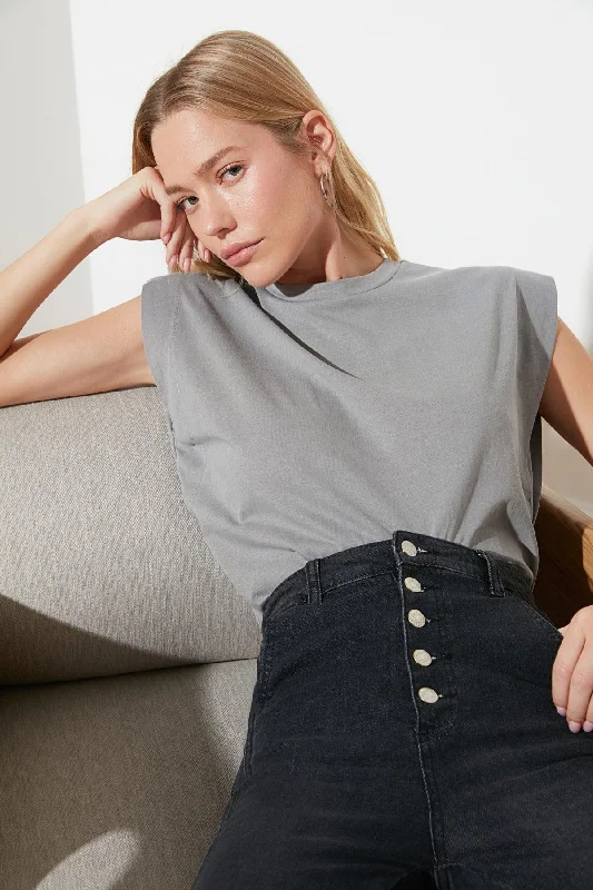 Gray 100% Cotton Wadding Look Basic Crew Neck Knitted T-Shirt TWOSS20TS0021 -- Basic T-Shirt Crew Neck Short Sleeve