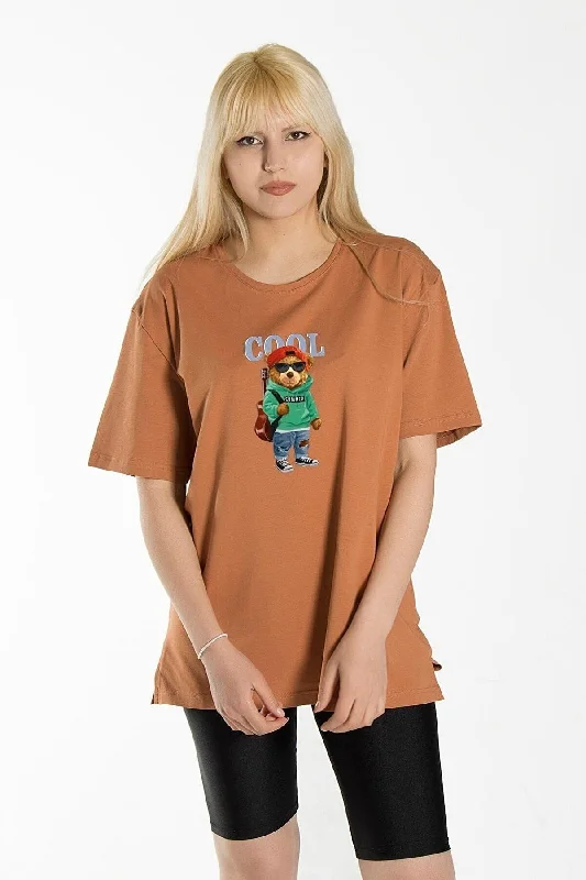 Women's Tile Front Cool Bear Printed Crew Neck Oversize Cotton T-shirt-- Graphic Embroidered Appliqued Women's Tile Front Cool Bear Printed Crew Neck Oversize Cotton T-shirt-- Graphic Embroidered Appliqued