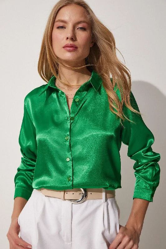 Women's Vivid Green Lightly Flowy Satin Top Shirt DD00990-- Polka Dot Checkered Tartan Women's Vivid Green Lightly Flowy Satin Top Shirt DD00990-- Polka Dot Checkered Tartan