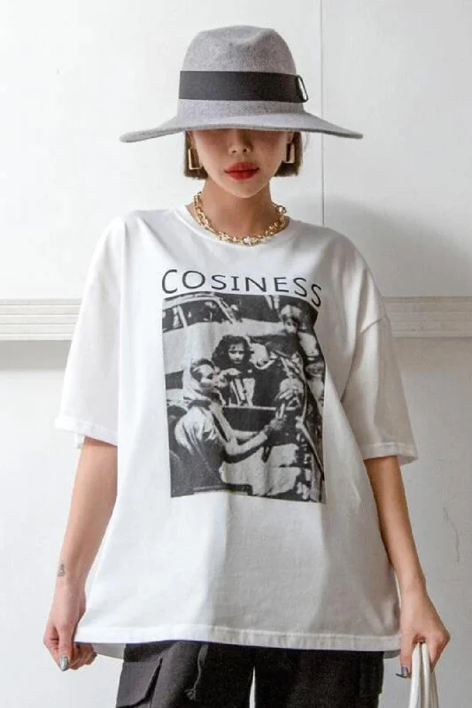 Women's White Cosiness Printed Oversize T-shirt-- Notch Collar Peter Pan Collar Cowl Neck