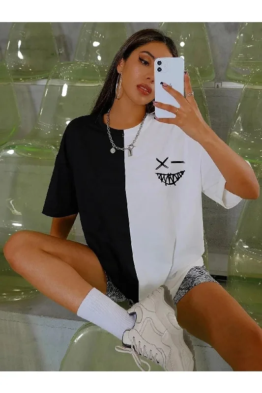 Unisex Print Detailed Black and White 2 Different Colors Crew Neck T-shirt-- Collared Crew Neck Turtle Neck Unisex Print Detailed Black and White 2 Different Colors Crew Neck T-shirt-- Collared Crew Neck Turtle Neck