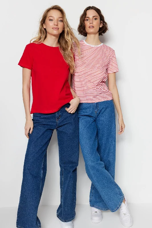 Red-Red Striped 2-Pack Basic Cycling Collar Knitted T-Shirt TWOSS20TS0141-- Oversized T-Shirt Spandex breathable Red-Red Striped 2-Pack Basic Cycling Collar Knitted T-Shirt TWOSS20TS0141-- Oversized T-Shirt Spandex breathable