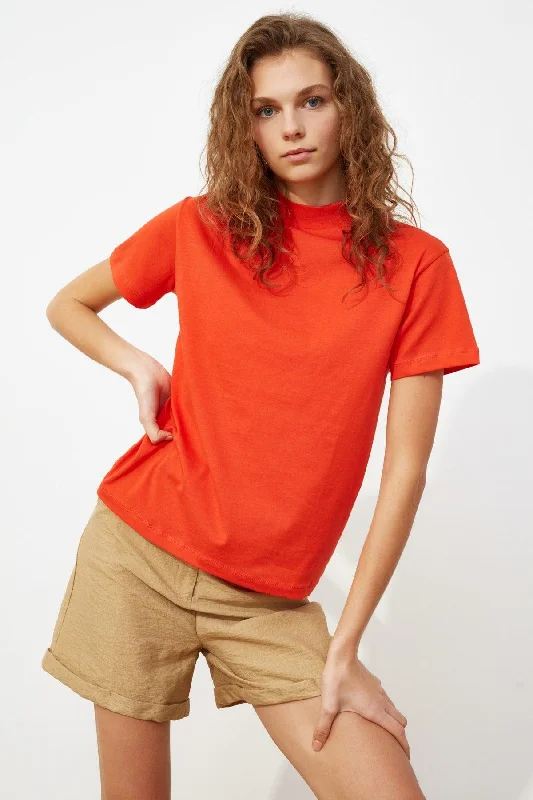 Red 100% Cotton Basic Stand Up Collar Knitted T-Shirt TWOAW20TS0096-- Polka Dot Checkered Tartan