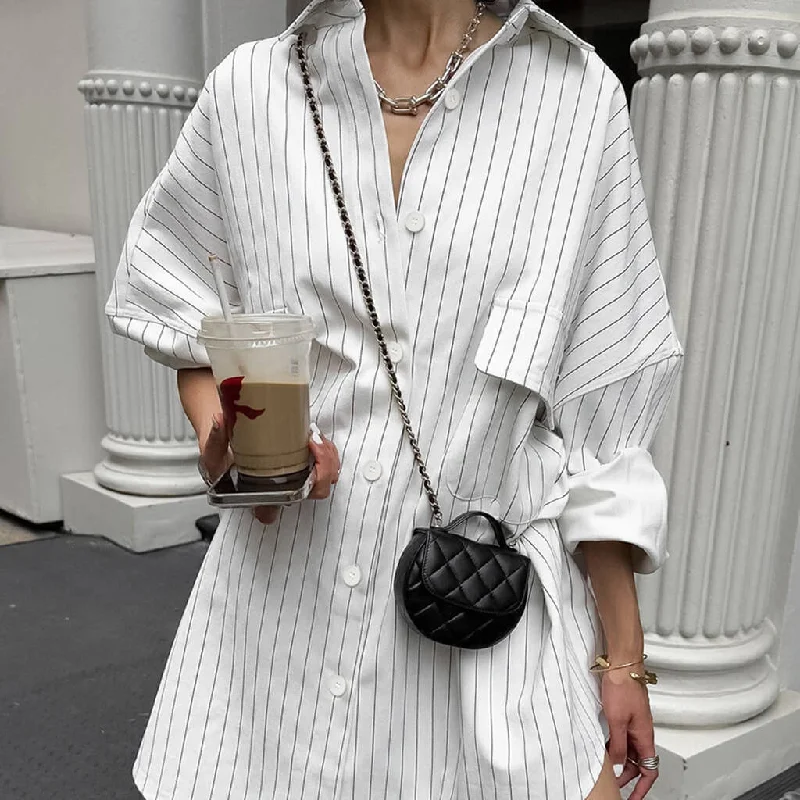 Oversized Black and White Stripe Cargo Pocket Cotton Blend Button Down Shirt-- Casual Formal Business Oversized Black and White Stripe Cargo Pocket Cotton Blend Button Down Shirt-- Casual Formal Business
