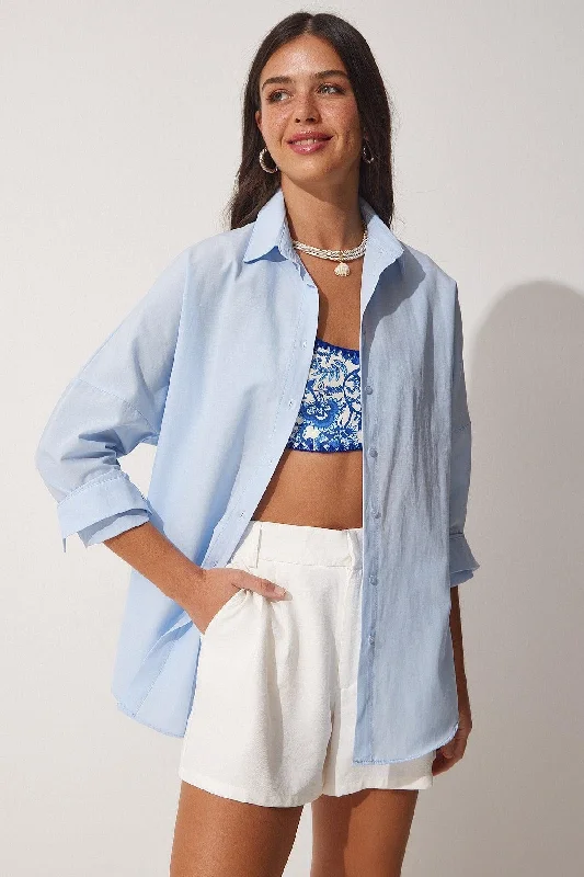 Women's Sky Blue Oversize Long Basic Shirt DD00842-- Denim Fabric Leather Fabric Suede Fabric Women's Sky Blue Oversize Long Basic Shirt DD00842-- Denim Fabric Leather Fabric Suede Fabric