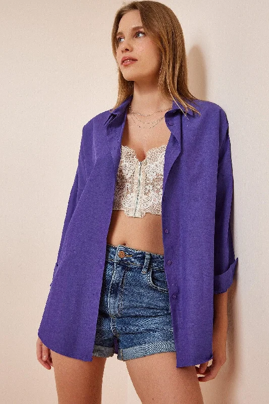 Women's Purple Oversize Long Basic Shirt DD00842-- Ribbed T-Shirt High Neck Heavyweight Women's Purple Oversize Long Basic Shirt DD00842-- Ribbed T-Shirt High Neck Heavyweight