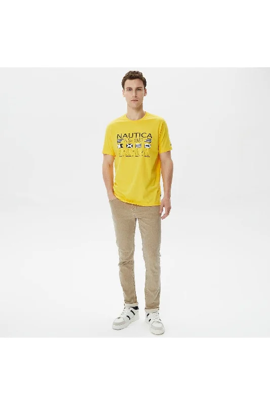 Men's Yellow Printed Standard Fit Short Sleeve T-shirt-- Asymmetrical Pockets Print