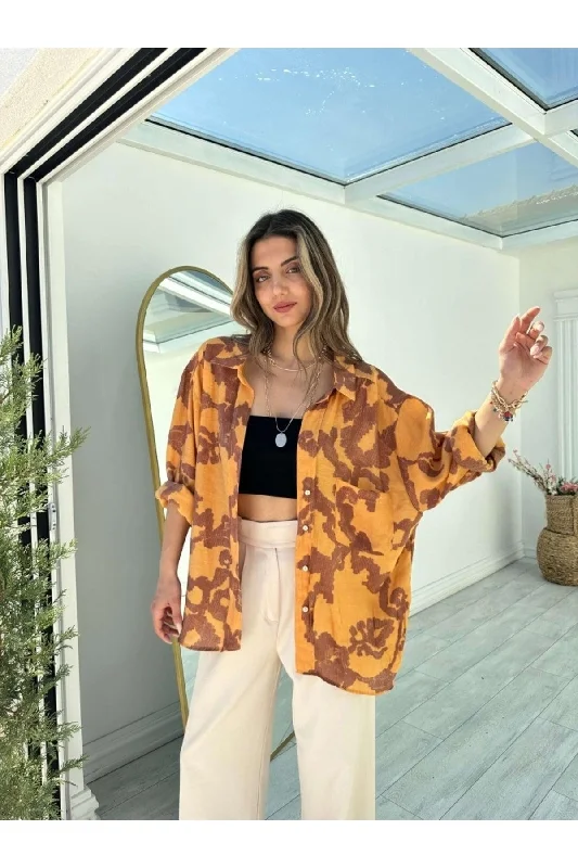 Mustard Patterned Off Shoulder Oversize Shirt-- Terry Blend Velvet Blend Canvas Blend Mustard Patterned Off Shoulder Oversize Shirt-- Terry Blend Velvet Blend Canvas Blend