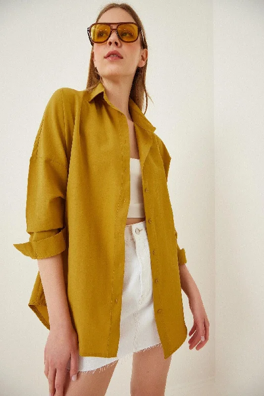 Women's Mustard Oversize Long Basic Shirt DD00842-- V-Neck T-Shirt Long Sleeve Cotton Women's Mustard Oversize Long Basic Shirt DD00842-- V-Neck T-Shirt Long Sleeve Cotton