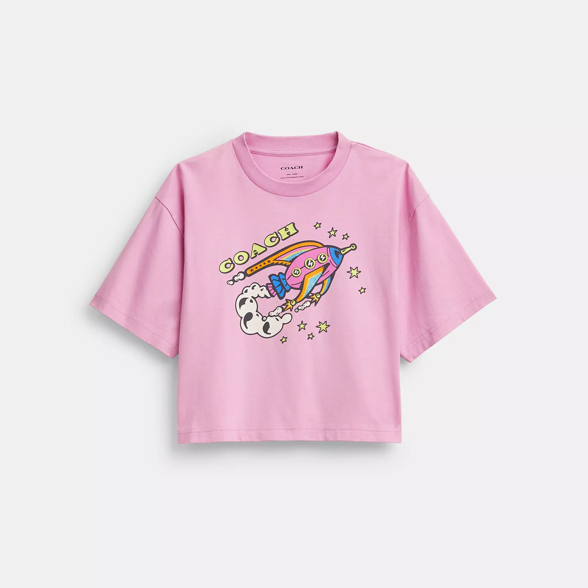 Coach Outlet Cosmic Coach Rocket Print Cropped T Shirt In Organic Cotton-- Collared Crew Neck Turtle Neck