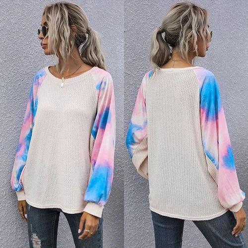 Tie-dyed Spliced Long-sleeved S Spring Loose Round Neck Tops Women T Shirts-- Beaded Sequined Faux Fur