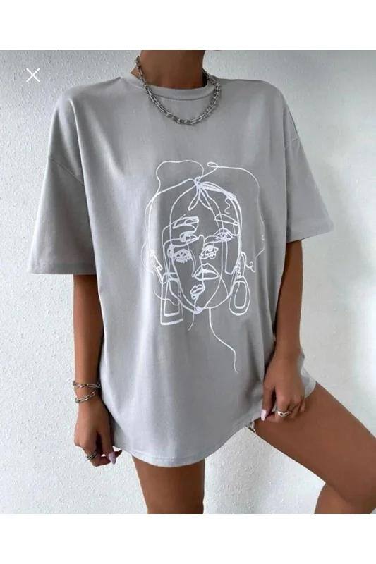Women's Figure Face Printed Oversize T-shirt-- Machine Wash Dry Clean Hand Wash