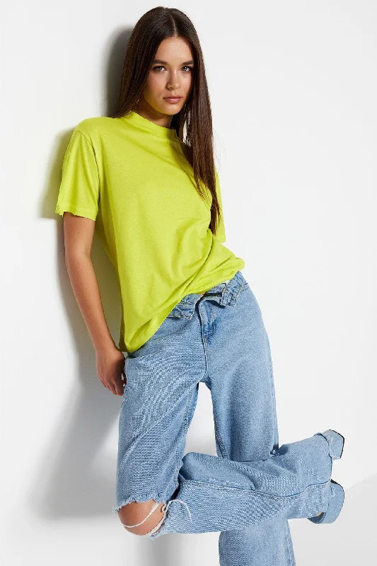 Oil Green 100% Cotton Basic Stand Up Collar Knitted T-Shirt TWOAW20TS0096-- Front Pockets Side Pockets Patch Pockets Oil Green 100% Cotton Basic Stand Up Collar Knitted T-Shirt TWOAW20TS0096-- Front Pockets Side Pockets Patch Pockets