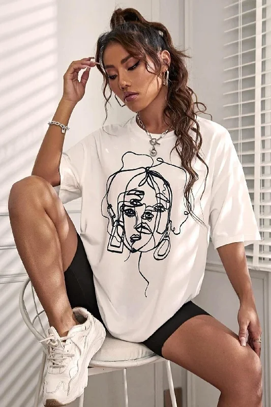 Women's White Face Print Detailed Oversize T-shirt-- Real Fur Shearling Chenille