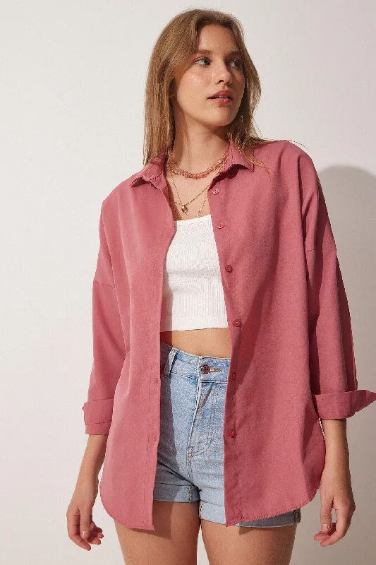 Women's Dark Rose Dry Oversize Long Basic Shirt DD00842-- Hooded Caped Shawl Collar