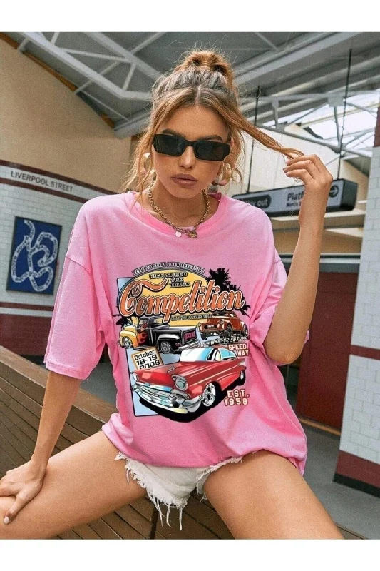 Women's Pink Compeltition Printed Oversize T-shirt-- Striped Floral Plaid