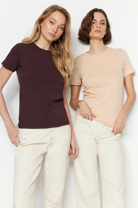 Brown-Beige 100% Cotton 2-Pack Basic Crew Neck Knitted T-Shirt TWOSS20TS0141-- Graphic T-Shirt Round Neck Polyester Brown-Beige 100% Cotton 2-Pack Basic Crew Neck Knitted T-Shirt TWOSS20TS0141-- Graphic T-Shirt Round Neck Polyester