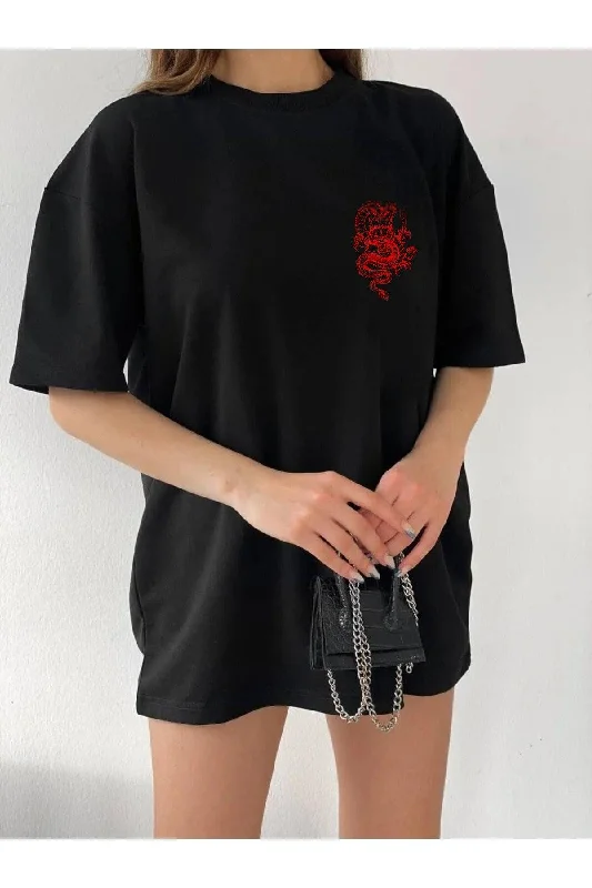 Unisex Oversize Red Lucky Dragon T-shirt-- Layered Multi-layer Single Layer
