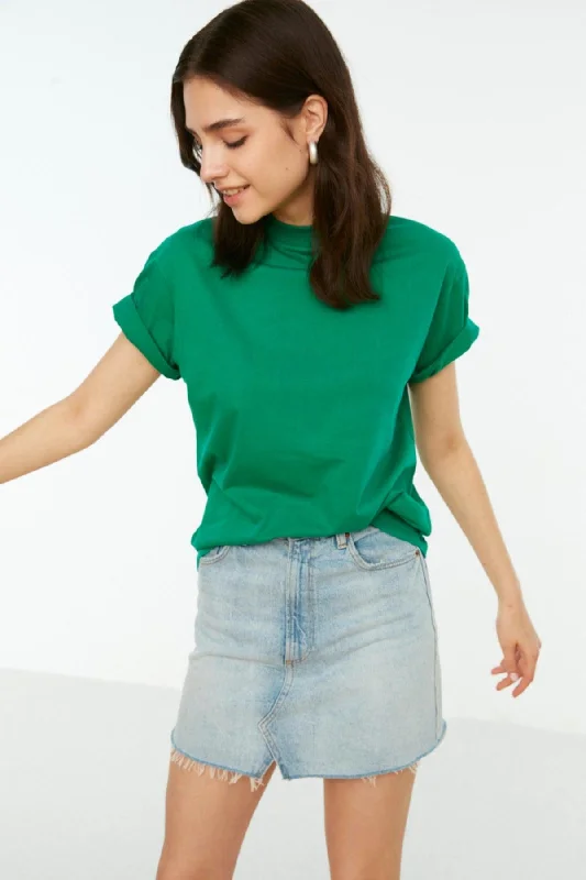Green 100% Cotton Basic Stand Up Collar Knitted T-Shirt TWOAW20TS0096-- Knit Fabric Woven Fabric Fleece Fabric Green 100% Cotton Basic Stand Up Collar Knitted T-Shirt TWOAW20TS0096-- Knit Fabric Woven Fabric Fleece Fabric