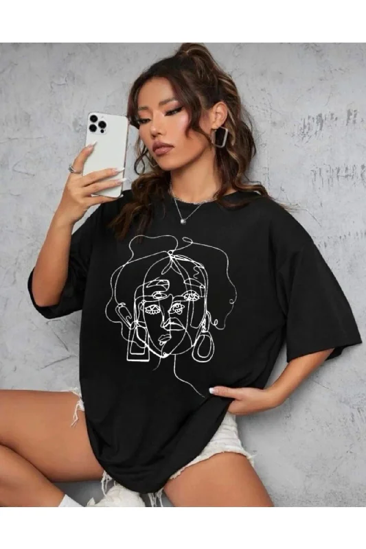 Women's Black Face Print Detailed Oversize T-shirt-- Beaded Sequined Faux Fur